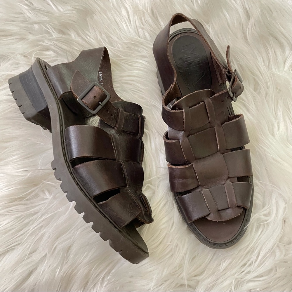 MIA chunky leather block heel lug sole Y2k 90s fisherman sandals brown 7.5